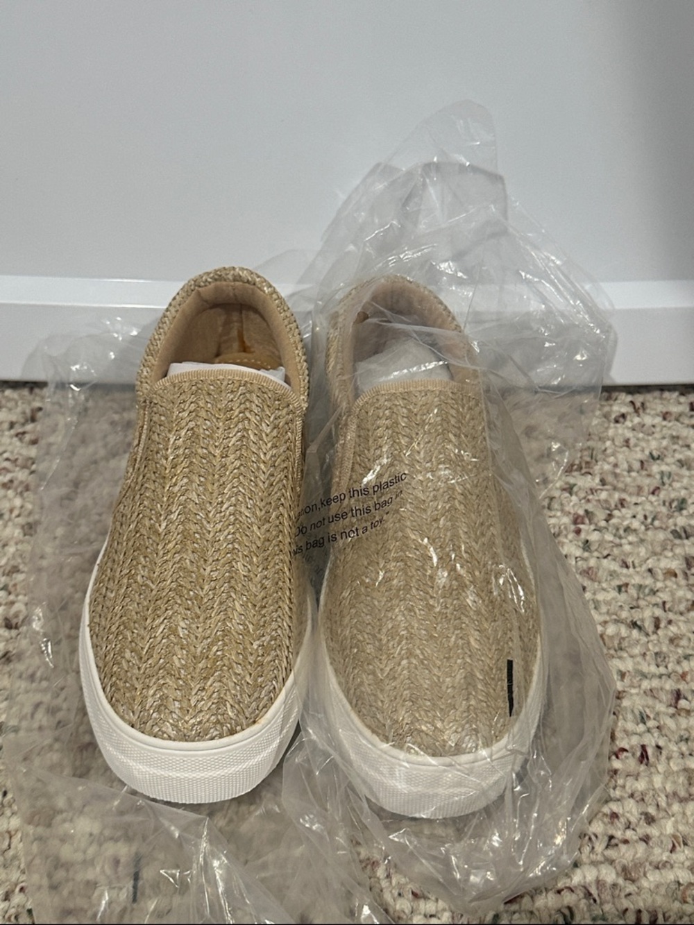 Soda Slip-On Knit Sneakers in Tan and White